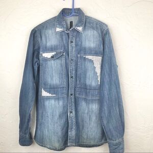 Crafted Silver Metallic Stud Embellished Blue Denim Long Sleeve Shirt